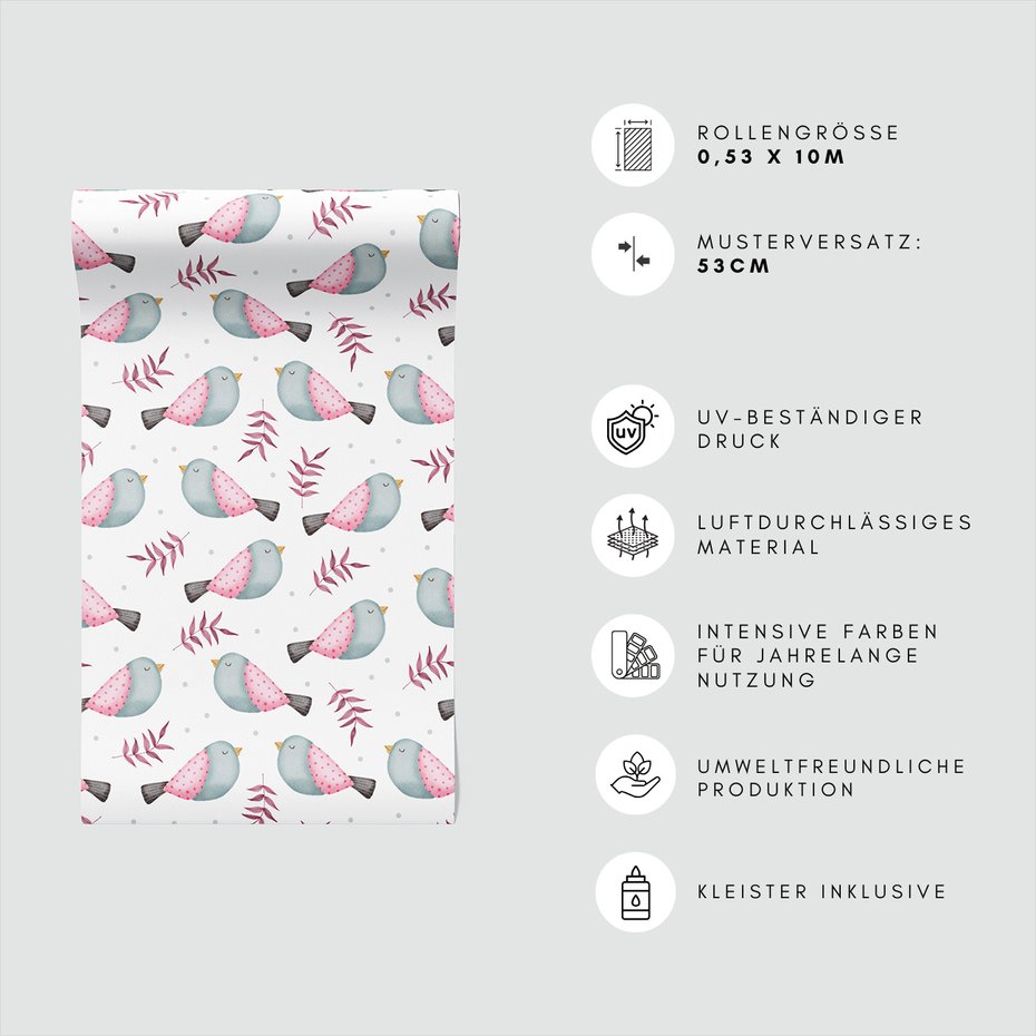 Tapeta - dziecięca, ptaki, liście, kropki