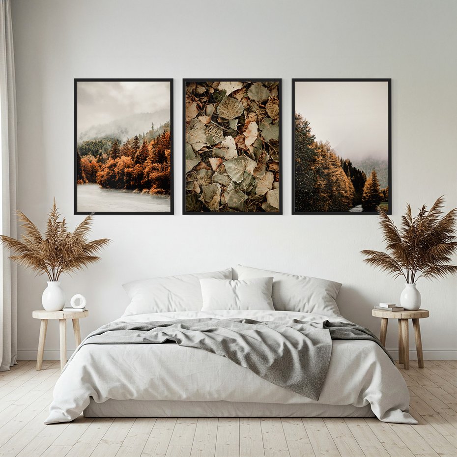Zestaw obrazy w ramie, plakaty - jesień, las, liście - rama czarna