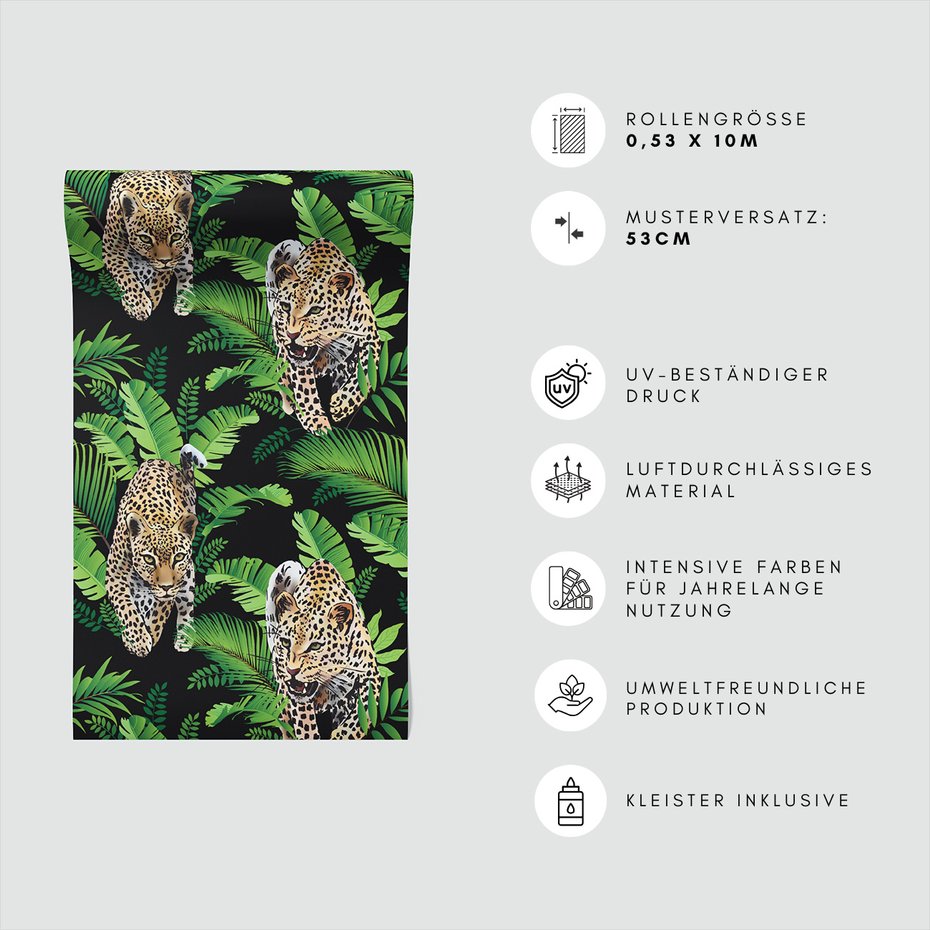 Tapeta - liście, lampart, dżungla