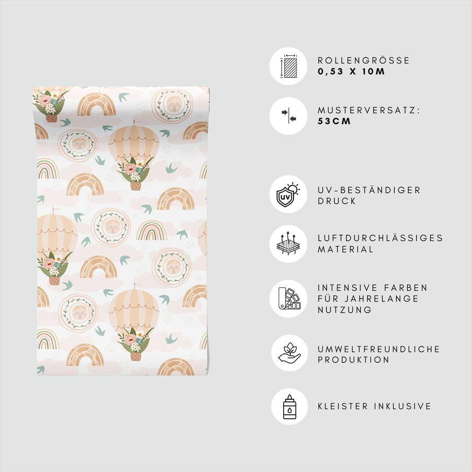 Tapeta - dziecięca, balony, tęcze, ptaki