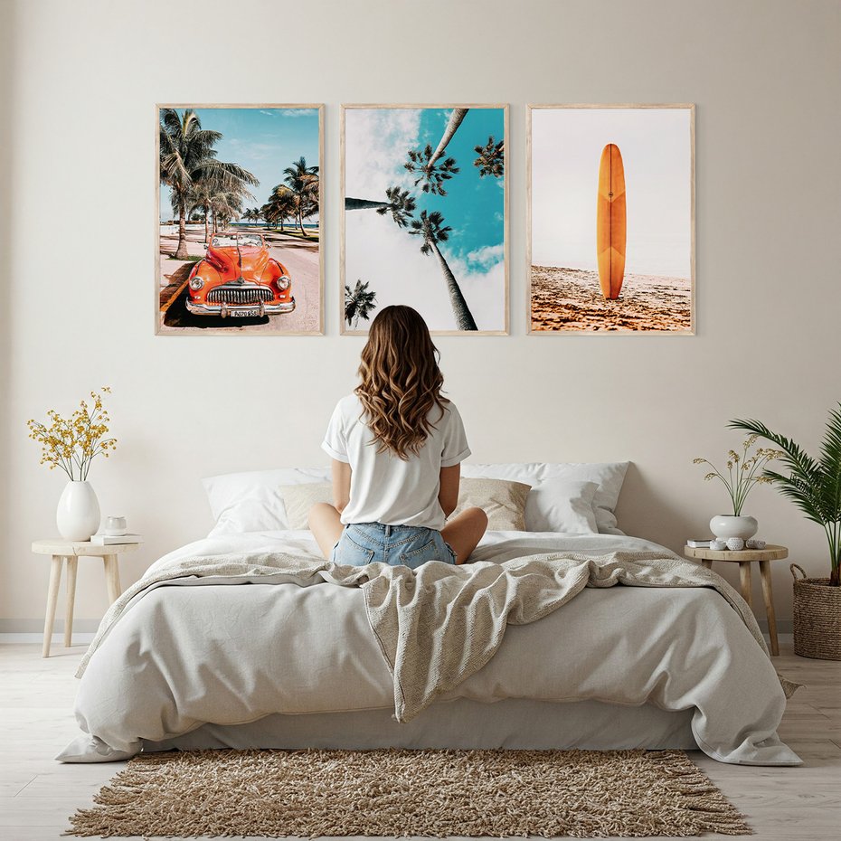 Zestaw obrazy w ramie, plakaty - palmy, plaża, wakacje - rama drewno