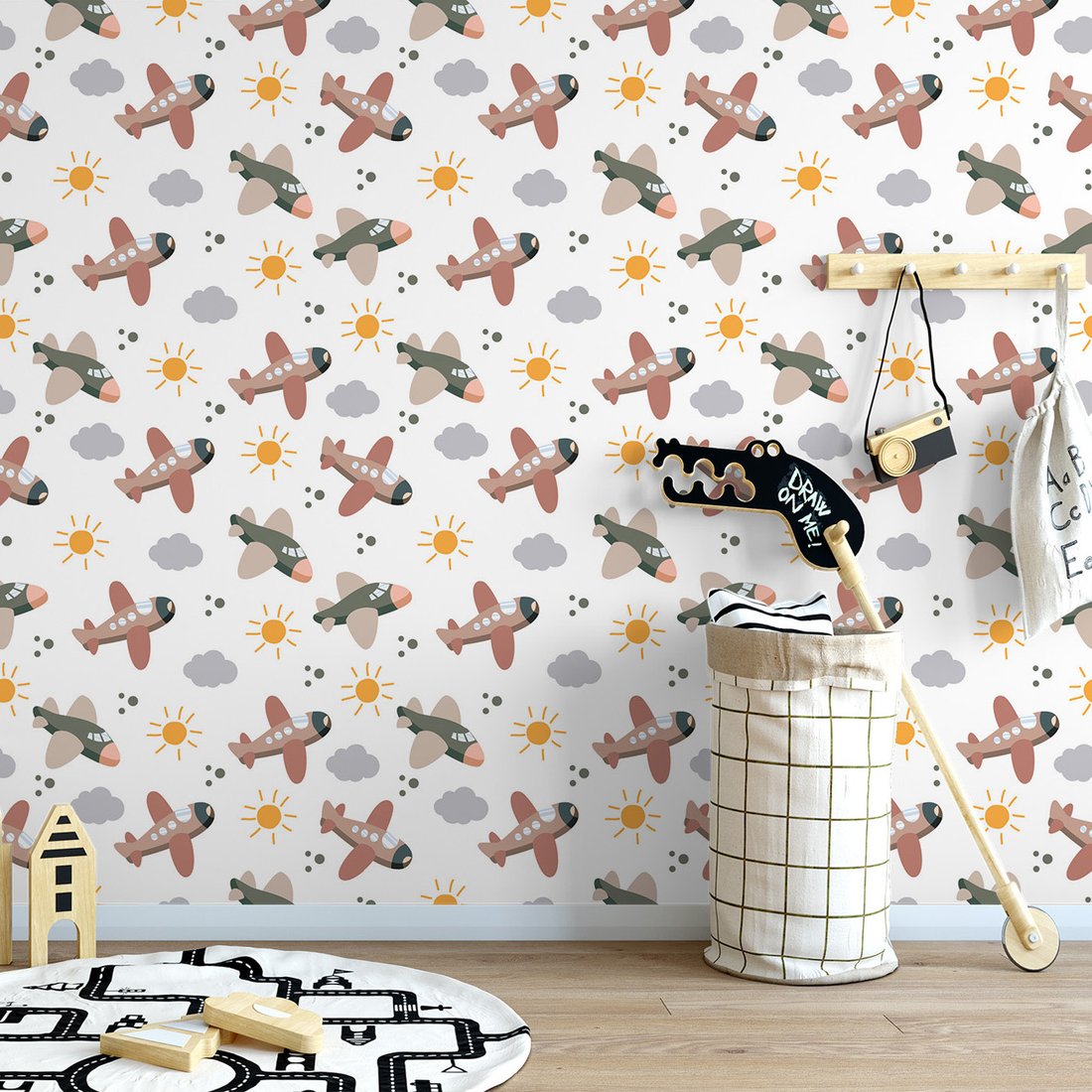 Tapeta - dziecięca, samoloty, słońca, chmury