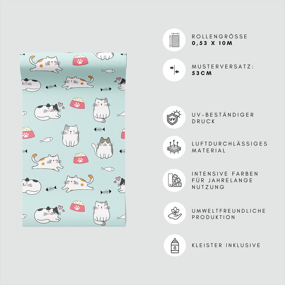 Tapeta - dziecięca, koty, miski, ryby