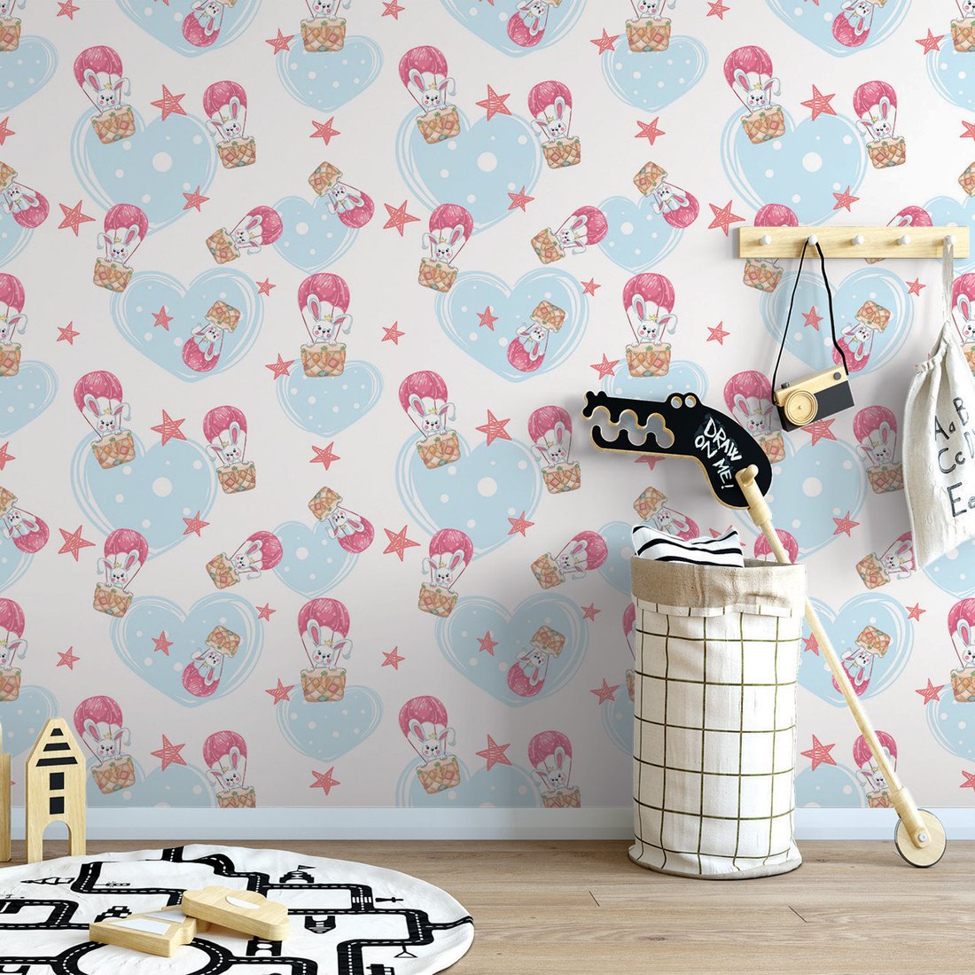 Tapeta - dziecięca, królik, serce, gwiazda