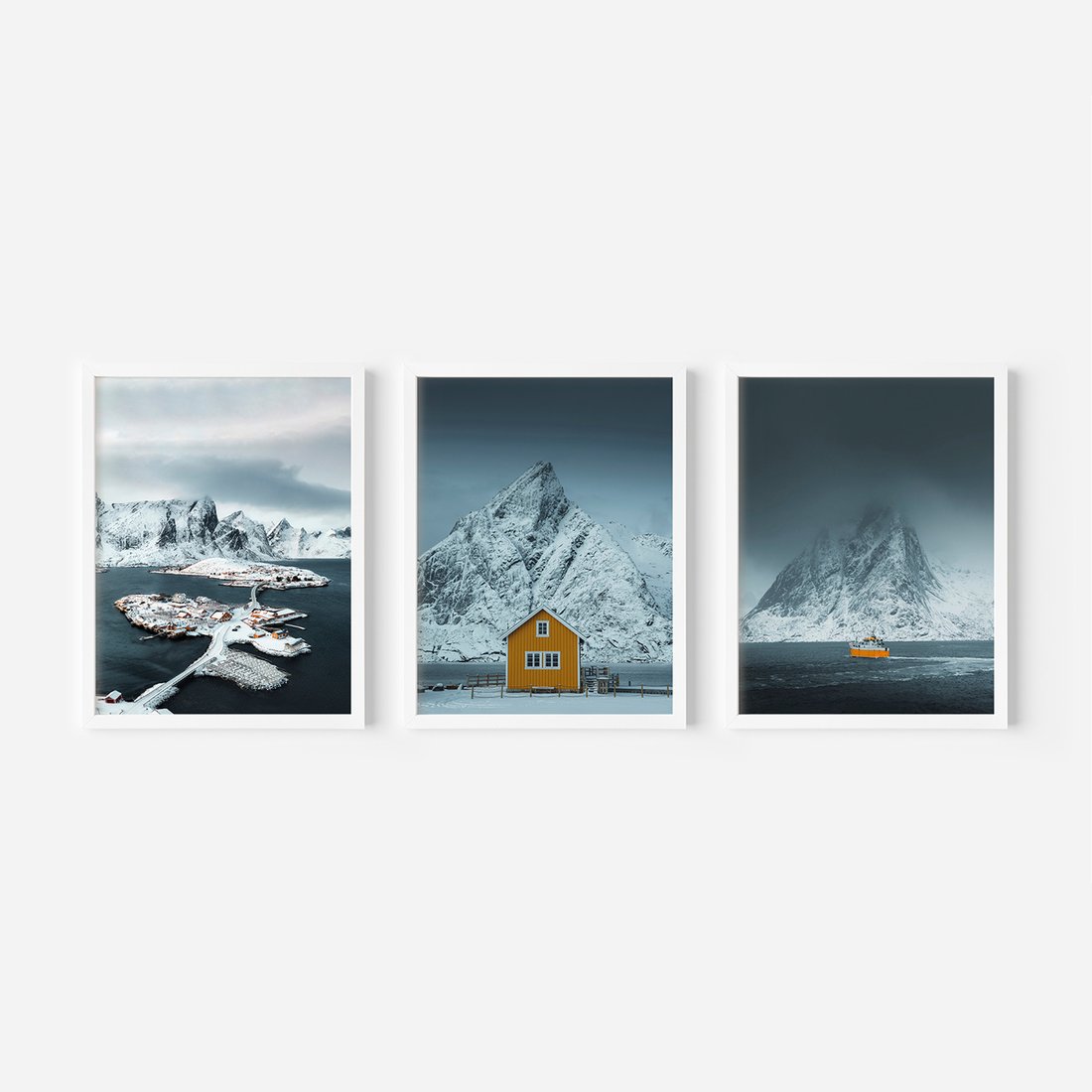 Zestaw obrazy w ramie, plakaty - góry, śnieg, woda - rama biała