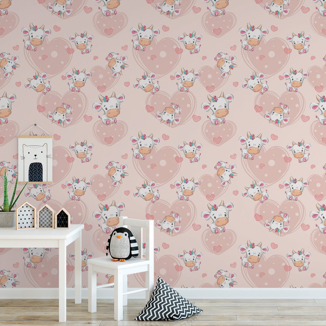 Tapeta - dziecięca, krowa, serce, kwiat