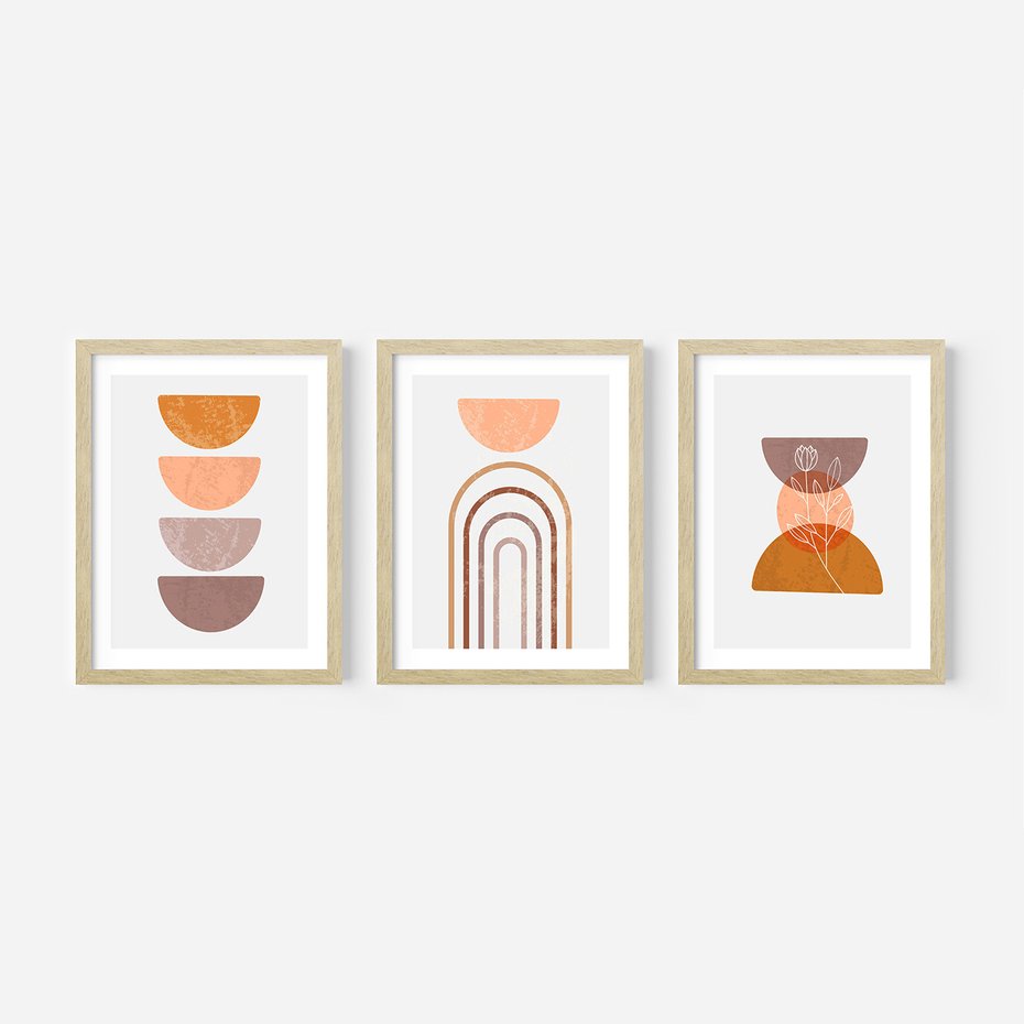 Zestaw obrazy w ramie, plakaty - abstrakcja, boho, minimalizm - rama drewno