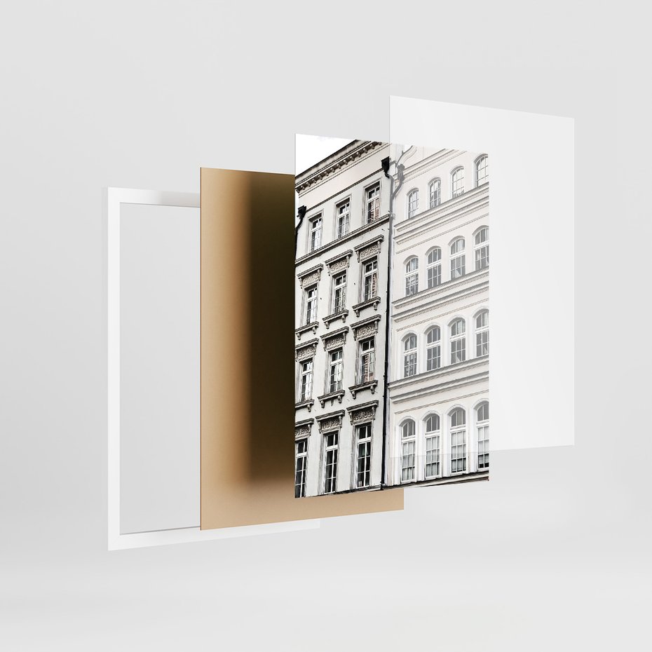 Zestaw obrazy w ramie, plakaty - budynek,typografia,koło - rama biała