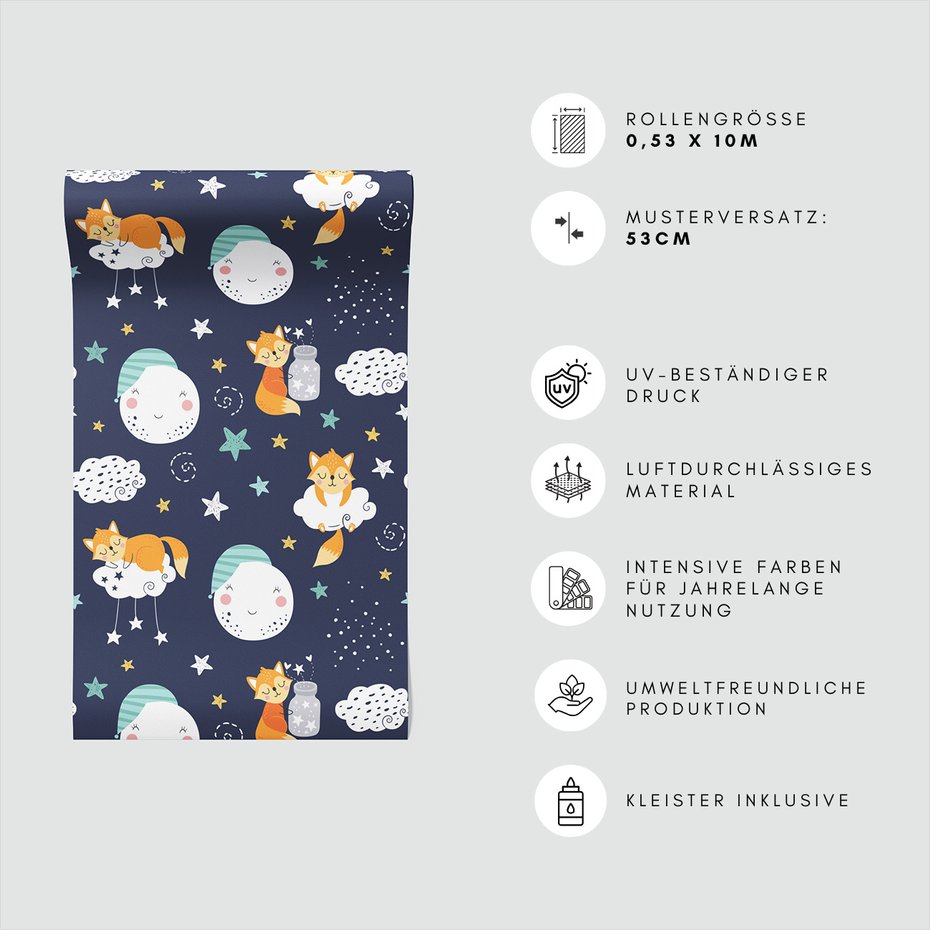 Tapeta - dziecięca, lis, chmura, gwiazda