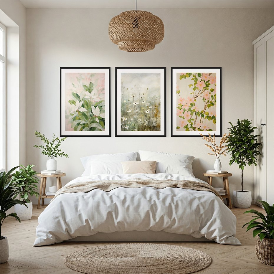 Zestaw obrazy w ramie, plakaty - kwiaty, rośliny, pastelowe - rama czarna