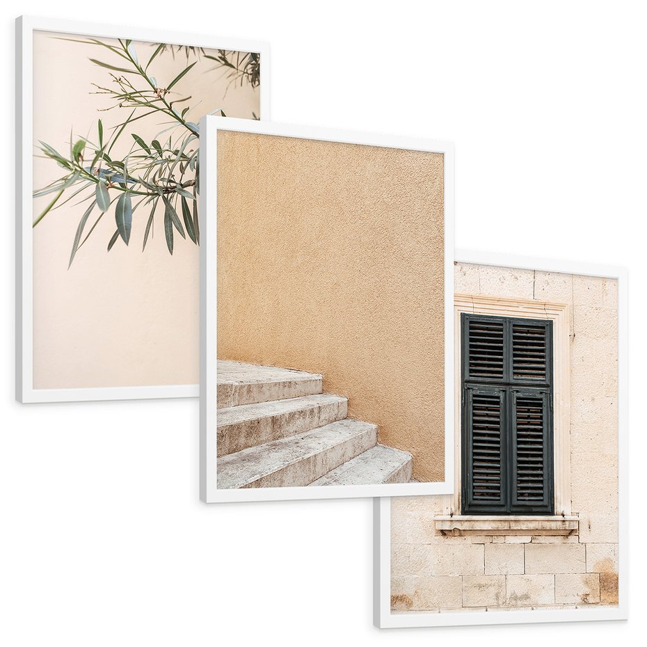 Zestaw obrazy w ramie, plakaty - liście, budynek, okno - rama biała