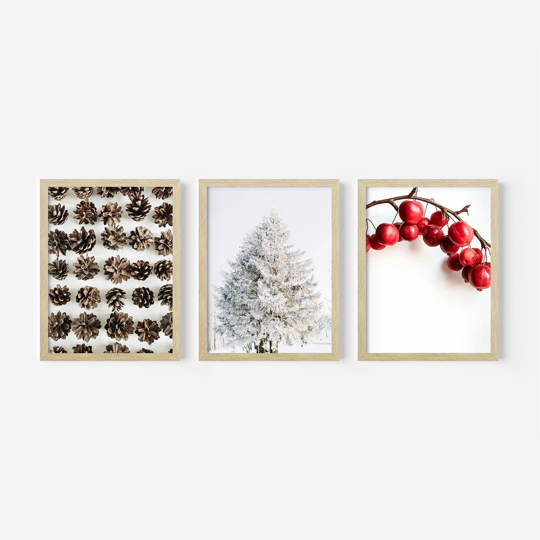 Zestaw obrazy w ramie, plakaty - szyszki, jabłka, zima - rama drewno
