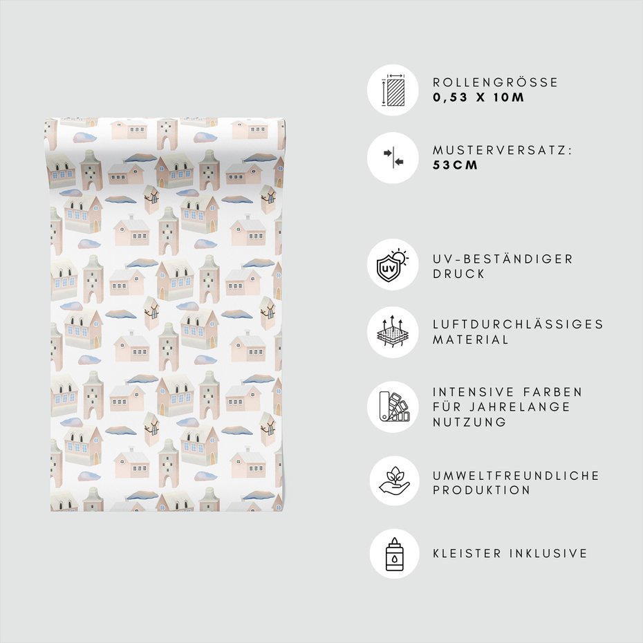 Tapeta - dziecięca, miasto, budynki, chmury