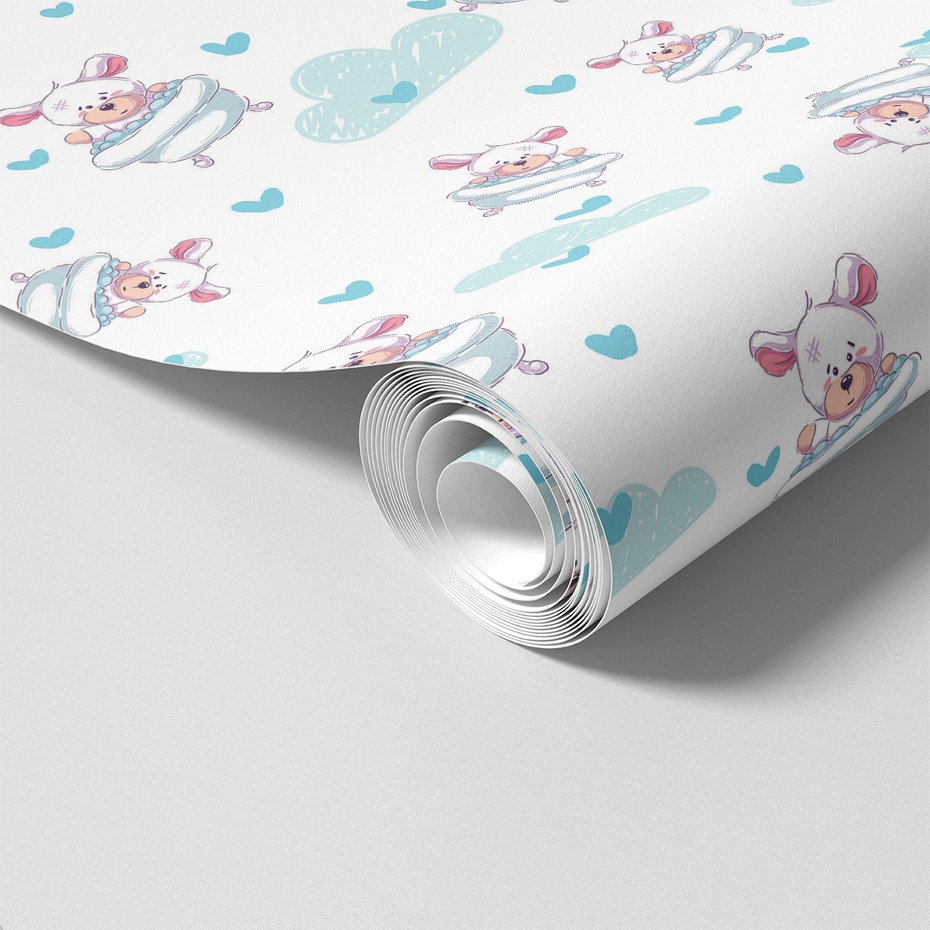 Tapeta - dziecięca, misie, chmurki, serca