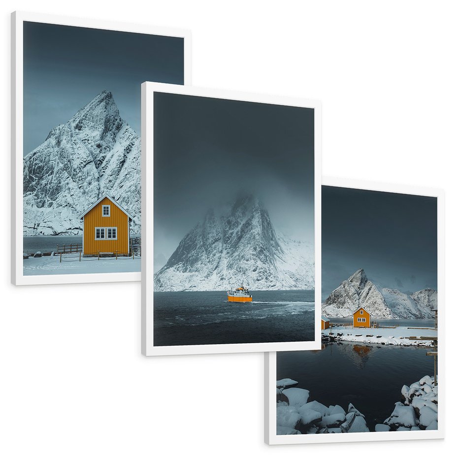 Zestaw obrazy w ramie, plakaty - góry, śnieg, domki - rama biała