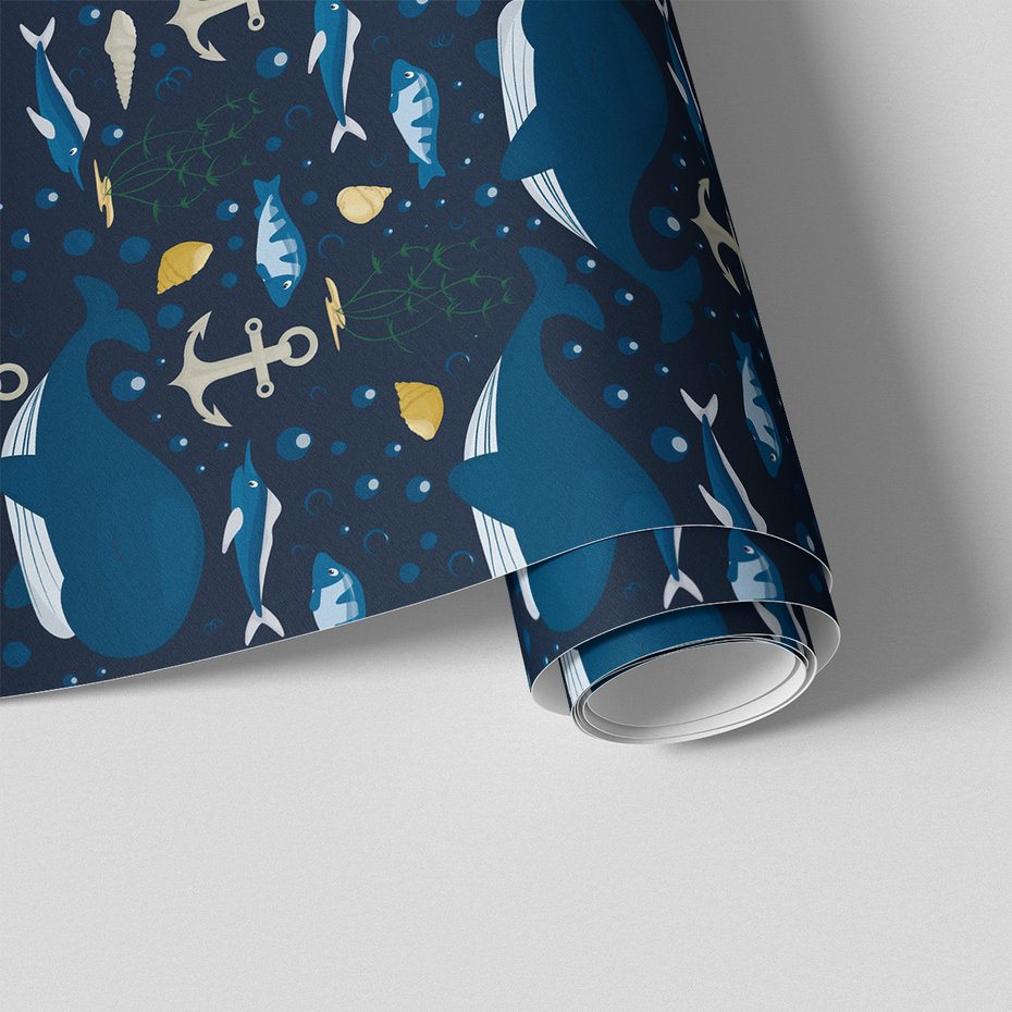 Tapeta - dziecięca, wieloryby, ryby, kotwice