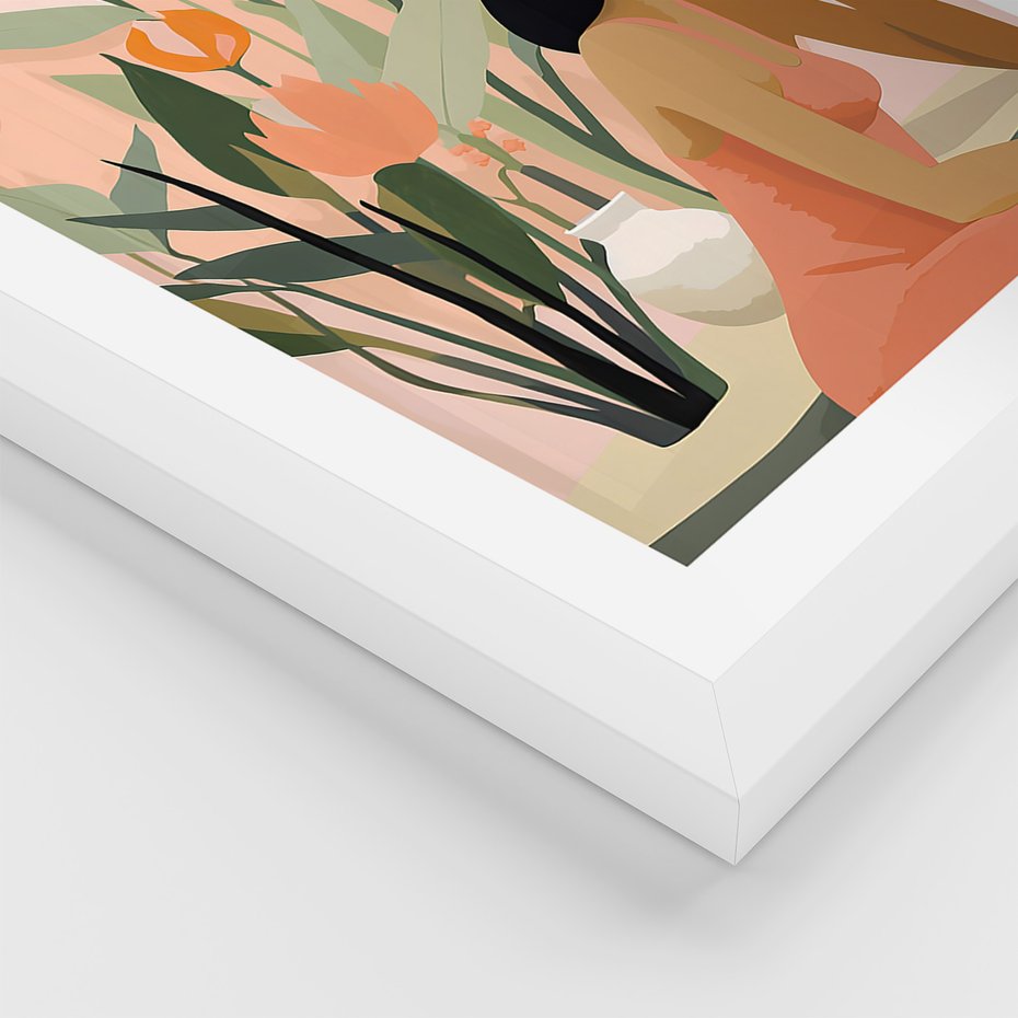 Zestaw obrazy w ramie, plakaty - kobieta, kwiaty, liście - rama biała