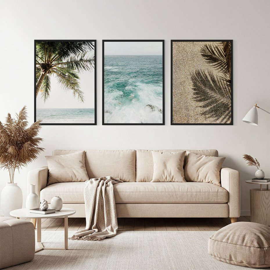 Zestaw obrazy w ramie, plakaty - palma, morze, cień - rama czarna