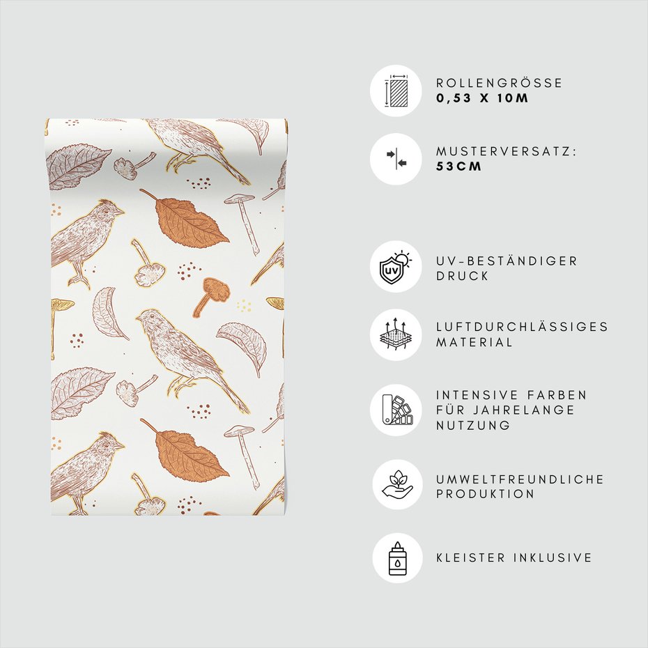 Tapeta - liście, grzyby, ptaki