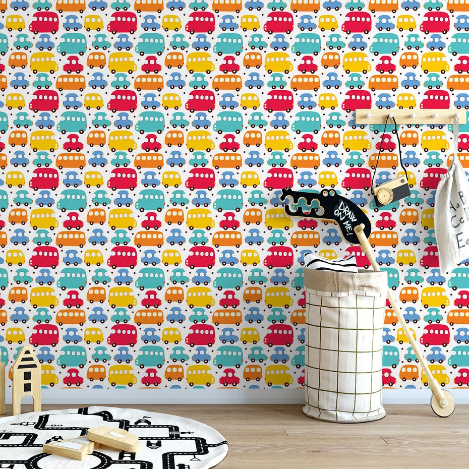 Tapeta - dziecięca, autobus, samochód, kropki