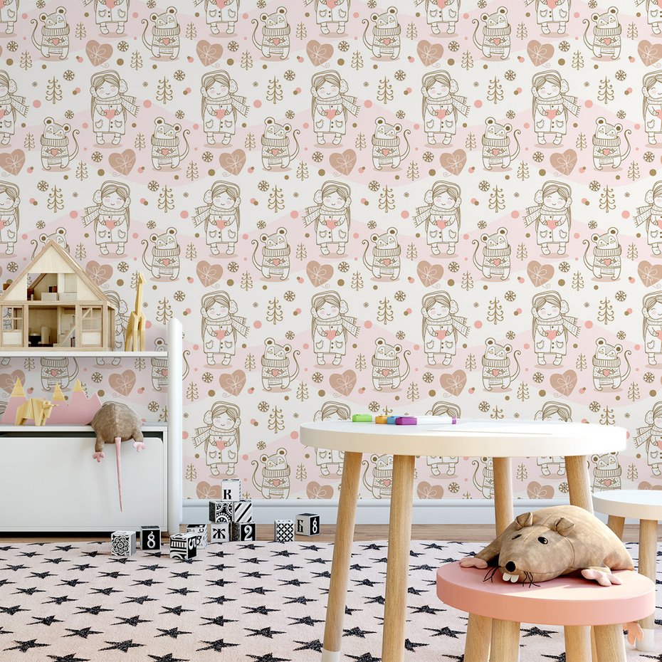 Tapeta - dziecięca, mysz, dziewczynka, choinka