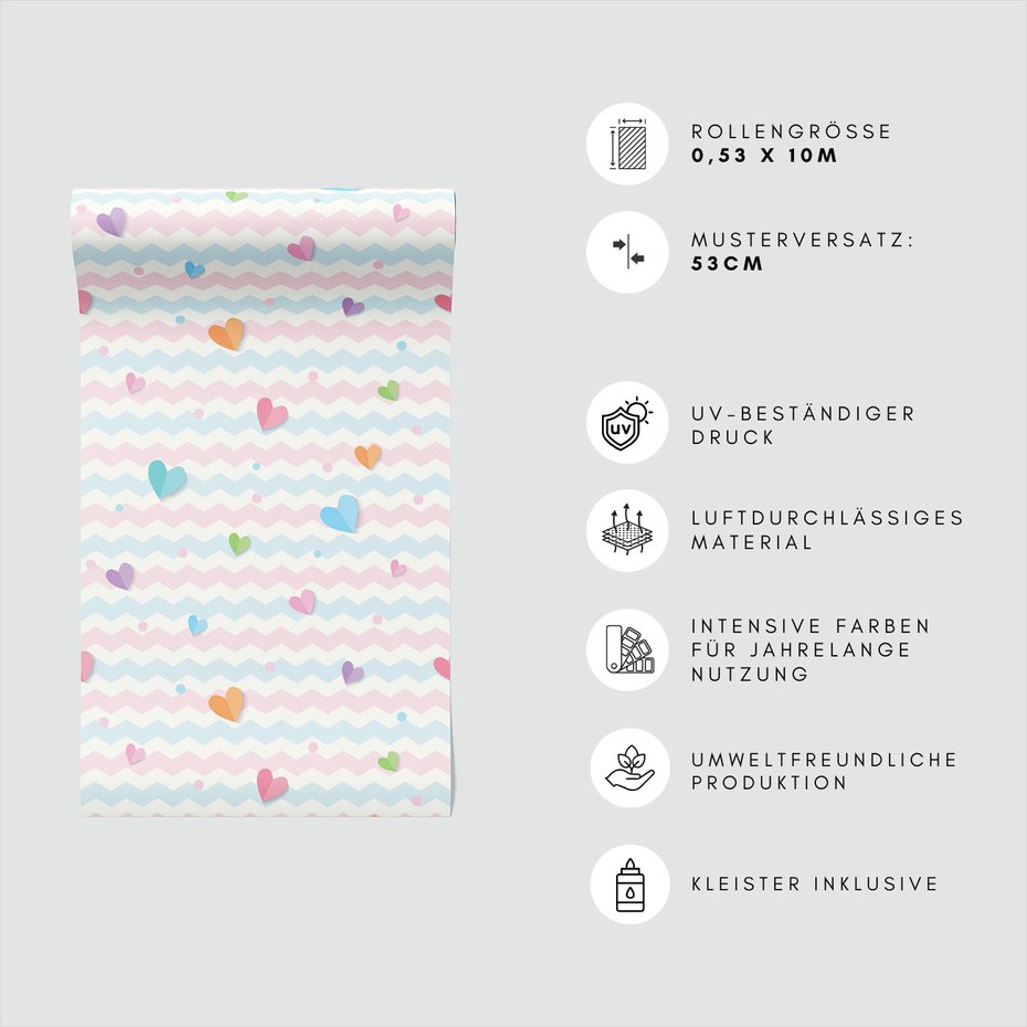 Tapeta - dziecięca, serca, zygzaki,