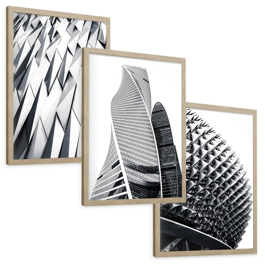 Zestaw obrazy w ramie, plakaty - architektura, budynki, nowoczesność - rama drewno
