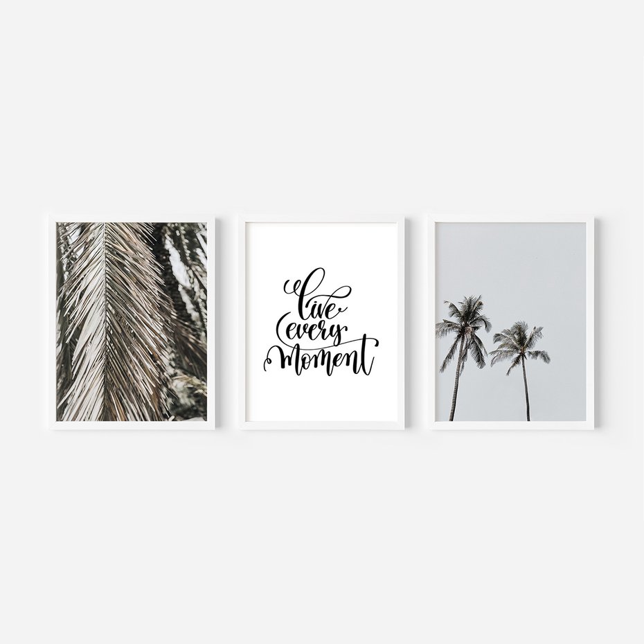 Zestaw obrazy w ramie, plakaty - liście, palmy, napisy - rama biała