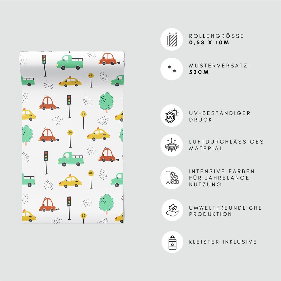 Tapeta - dziecięca, samochody, znaki,
