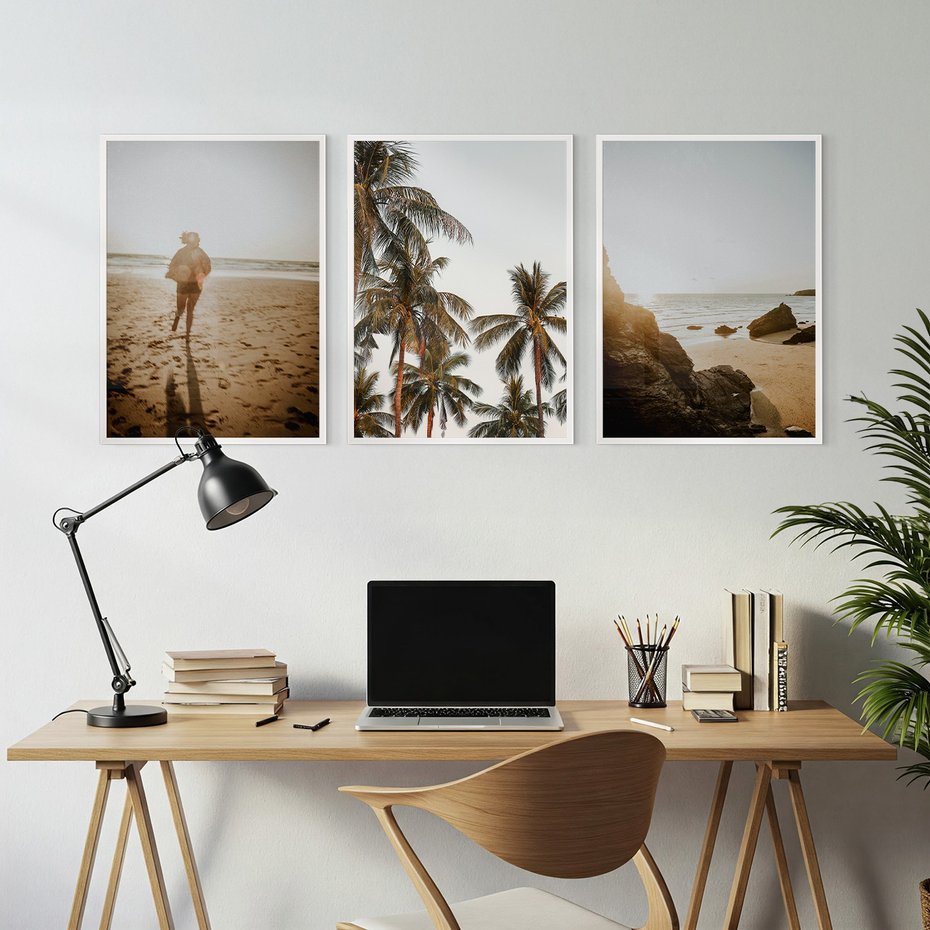 Zestaw obrazy w ramie, plakaty - plaża, palmy, morze - rama biała