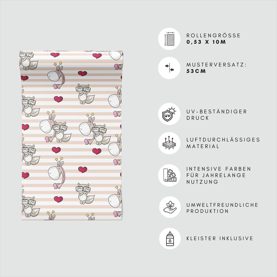 Tapeta - dziecięca, jednorożce, serca, paski