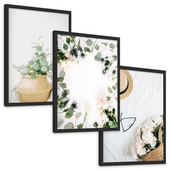 Zestaw obrazy w ramie, plakaty - kwiaty, liście, eukaliptus - rama czarna