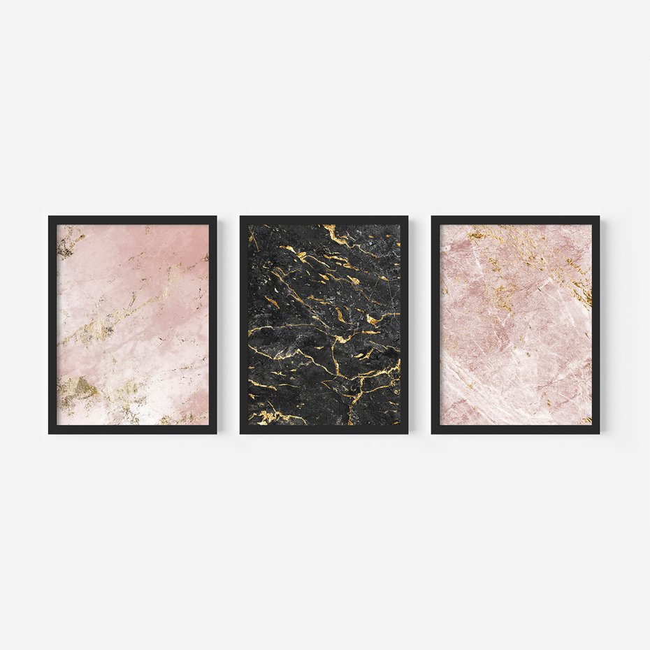 Zestaw obrazy w ramie, plakaty - marmur, tekstura, złoto - rama czarna