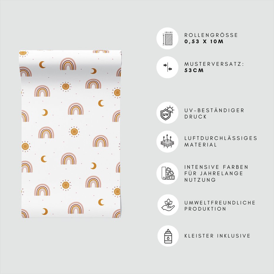 Tapeta - dziecięca, tęcza, słońce, księżyc