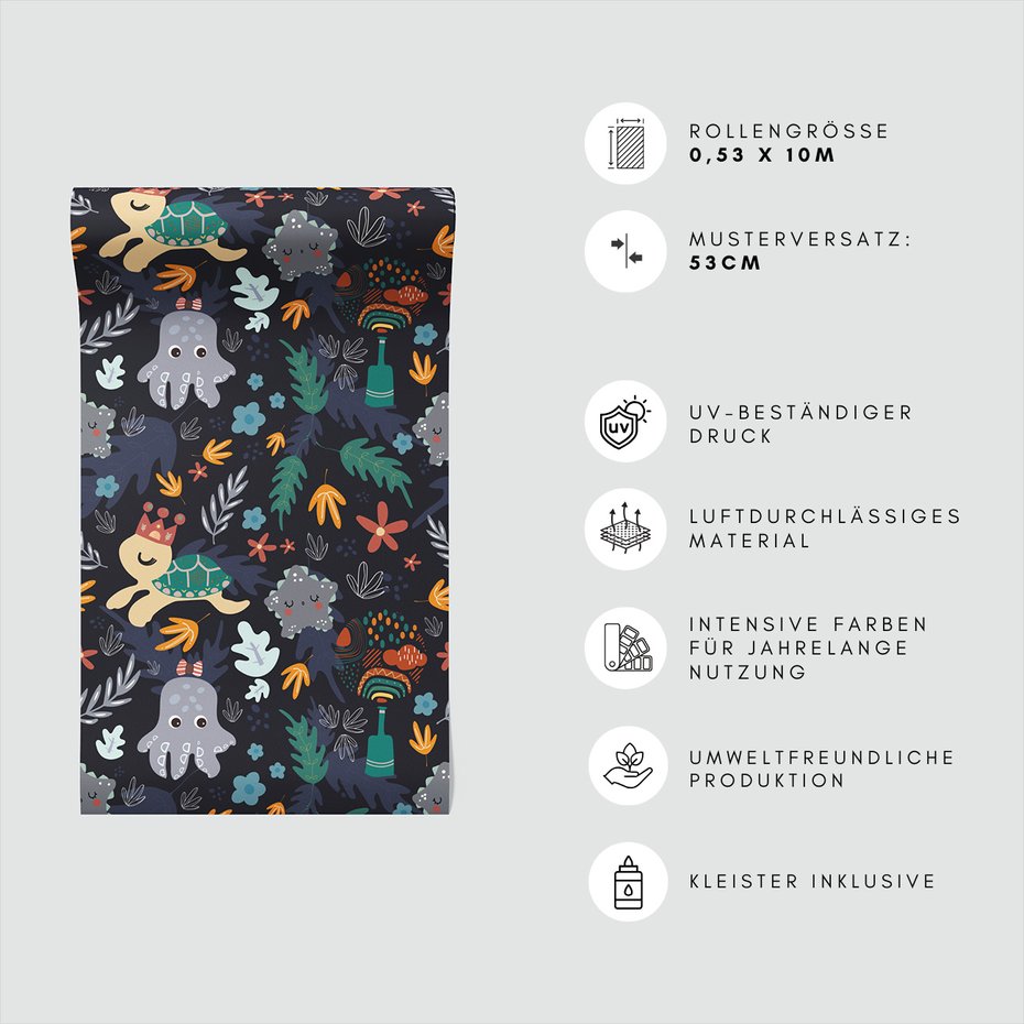 Tapeta - dziecięca, żółw, ośmiornica, liście