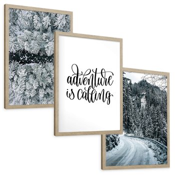 Zestaw obrazy w ramie, plakaty - zima, śnieg, las - rama drewno