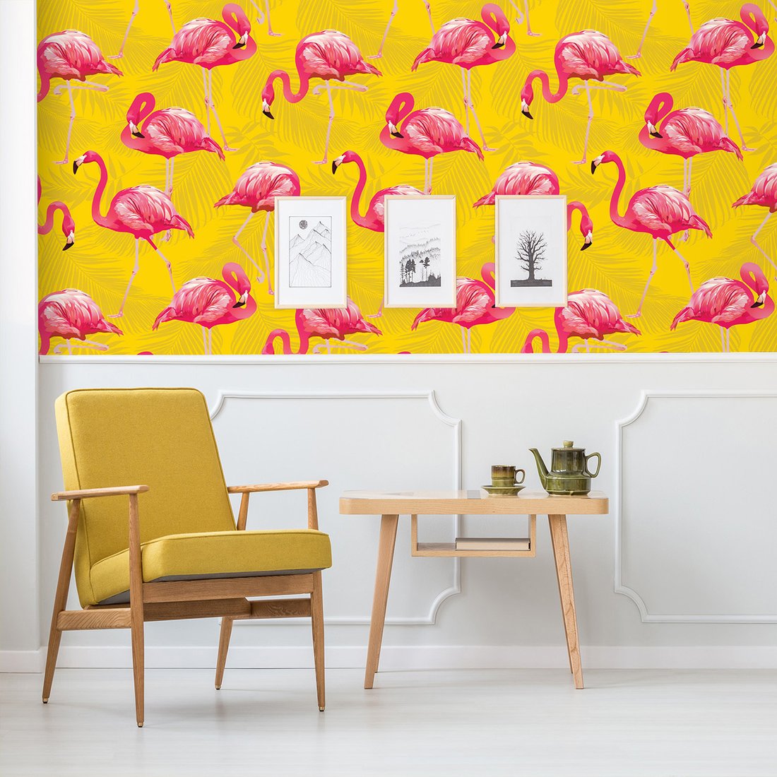 Tapeta - flamingi, liście, tło