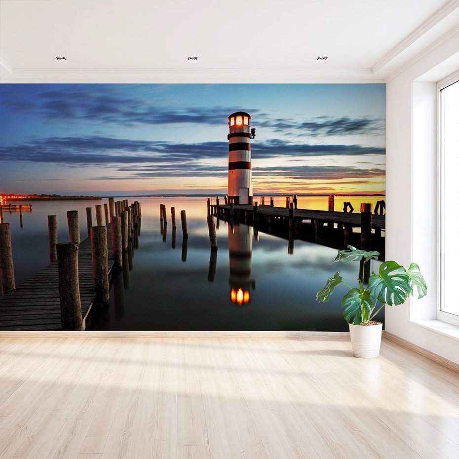 Fototapeta - latarnia morska, jezioro, zachód słońca