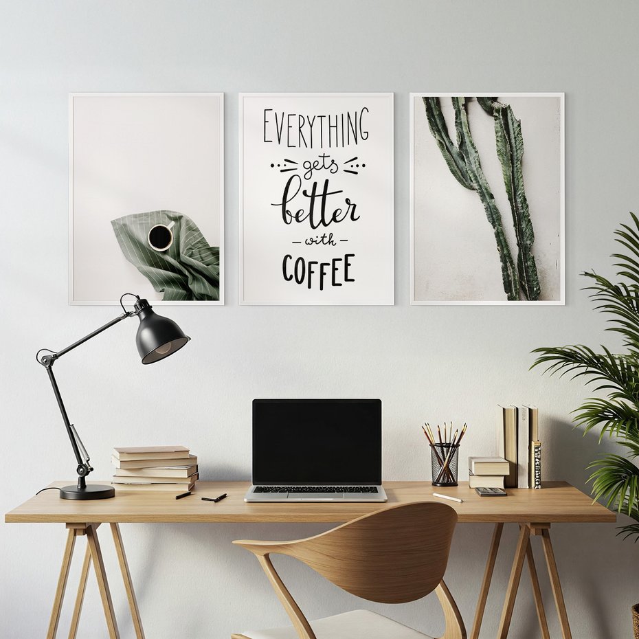 Zestaw obrazy w ramie, plakaty - kawa, kaktus, napisy - rama biała