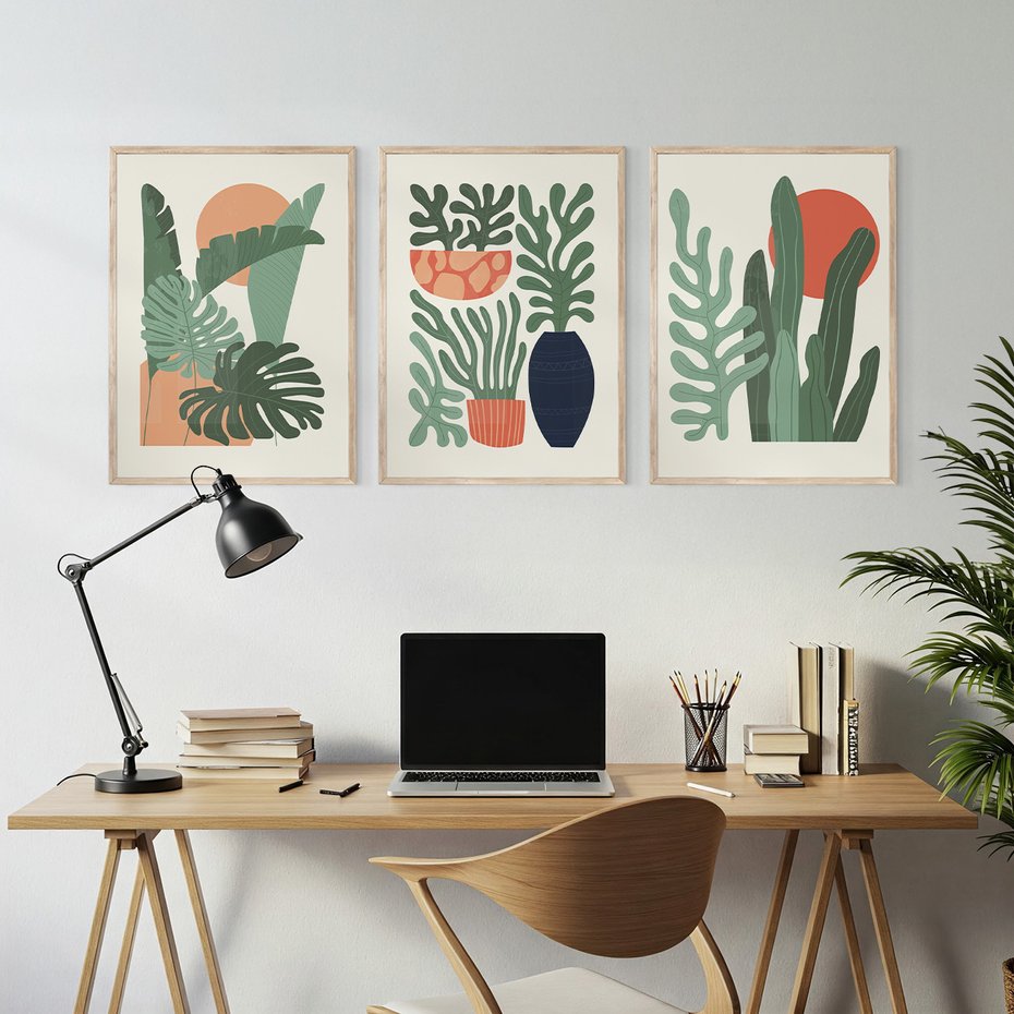 Zestaw obrazy w ramie, plakaty - liście, rośliny, abstrakcja - rama drewno