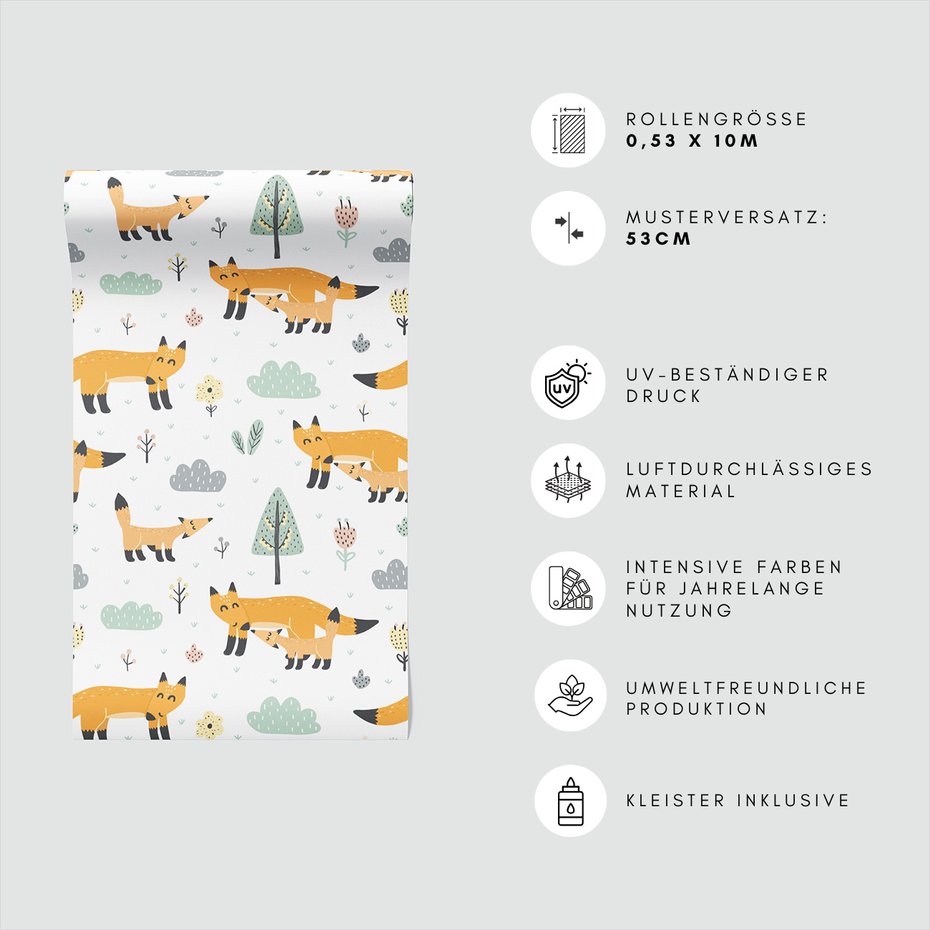 Tapeta - dziecięca, lisy, chmury, drzewa