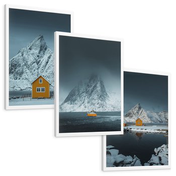 Zestaw obrazy w ramie, plakaty - góry, śnieg, domki - rama biała