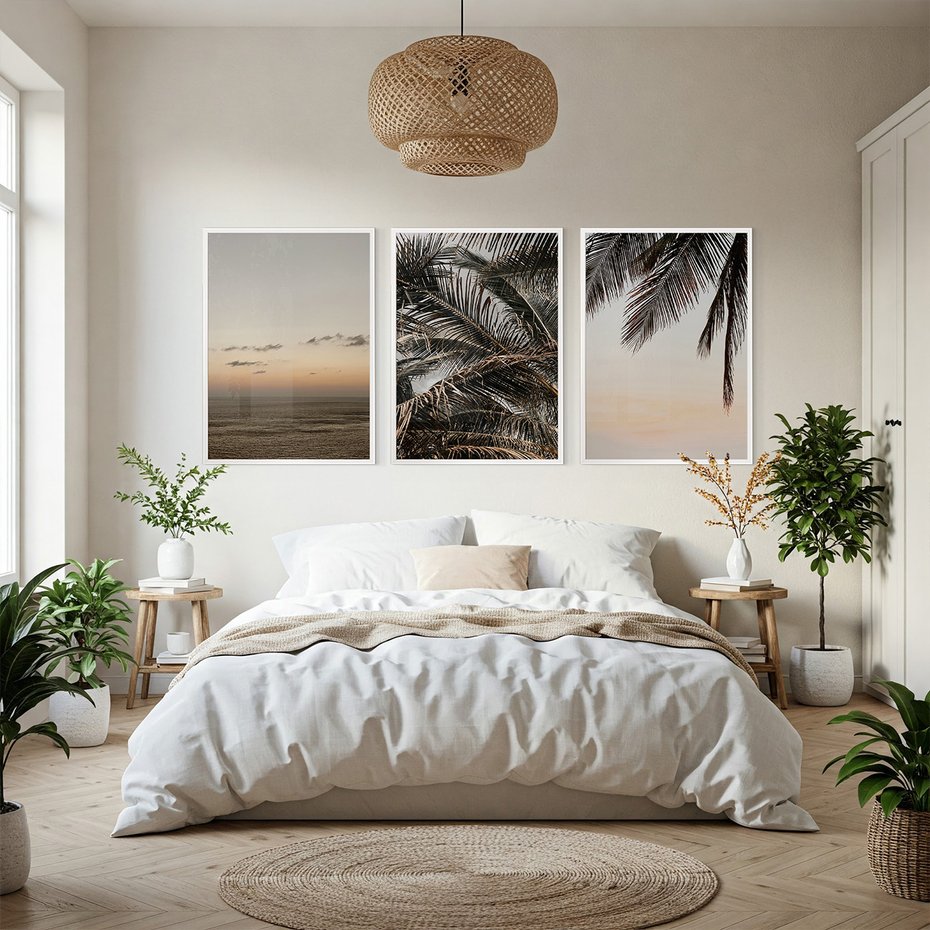 Zestaw obrazy w ramie, plakaty - palmy, ocean, liście - rama biała