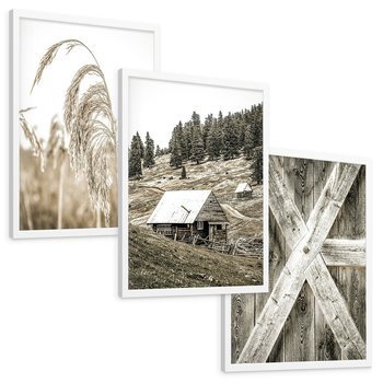 Zestaw obrazy w ramie, plakaty - natura, drewno, wieś - rama biała