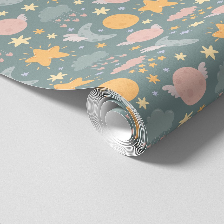 Tapeta - dziecięca, gwiazdy, księżyce, chmury