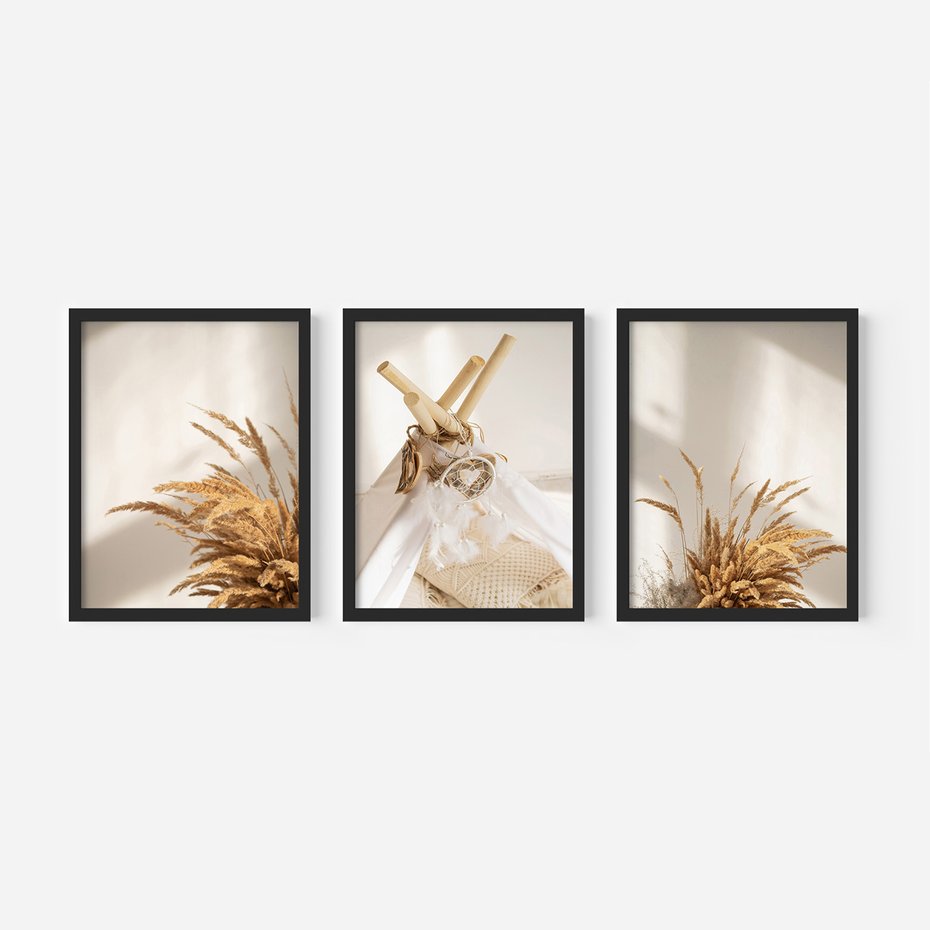 Zestaw obrazy w ramie, plakaty - trawa, dekoracja, pióra - rama czarna