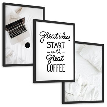Zestaw obrazy w ramie, plakaty - minimalizm, kawa, laptop - rama czarna