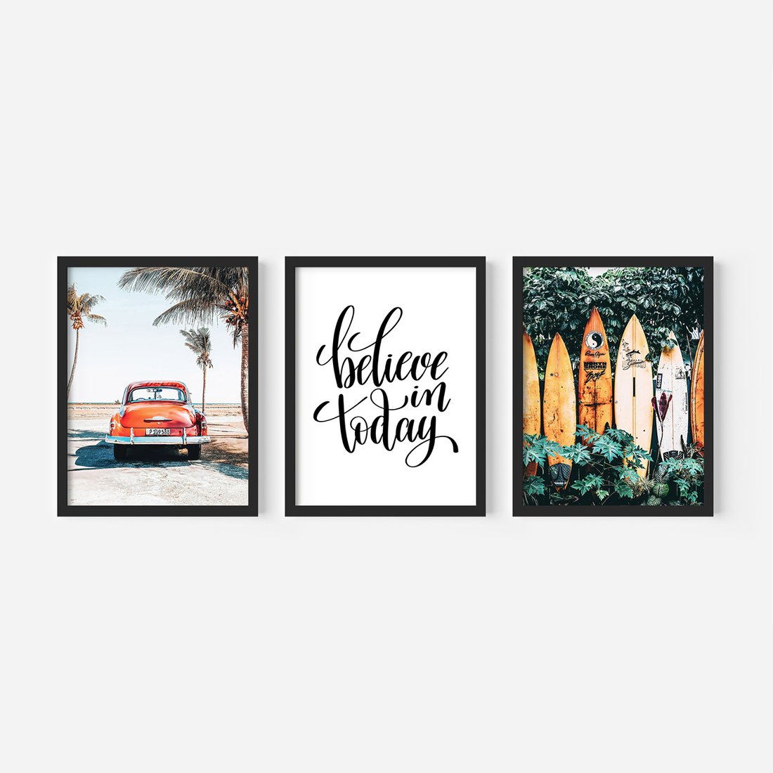 Zestaw obrazy w ramie, plakaty - palmy, samochód, deski surfingowe - rama czarna