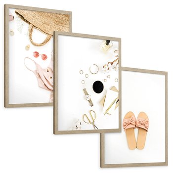 Zestaw obrazy w ramie, plakaty - akcesoria, różowy, złoty - rama drewno