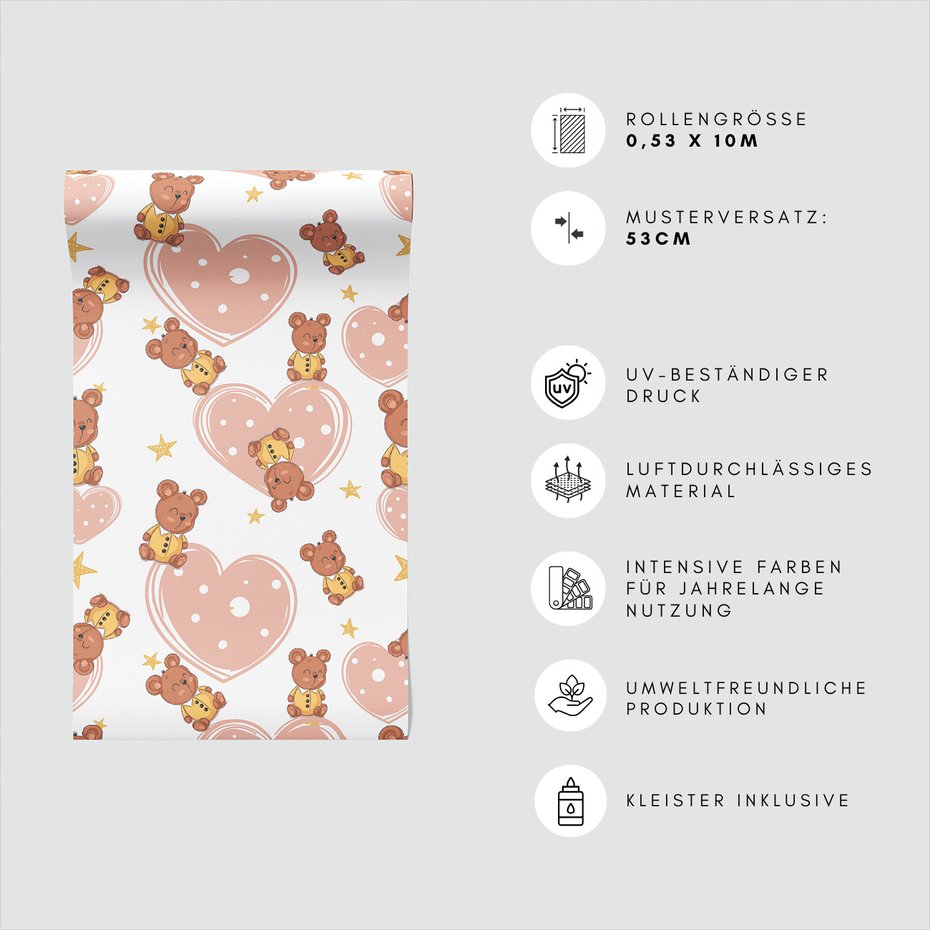 Tapeta - dziecięca, misie, serca, gwiazdy